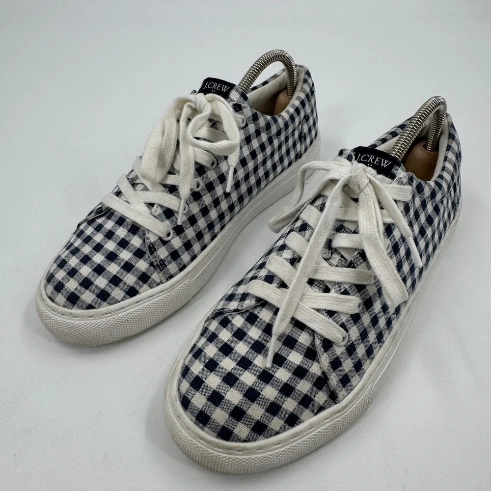 J.Crew Gingham Low Top‎ Sneaker Womens 8 Navy White Checkered BG338 Lace Up